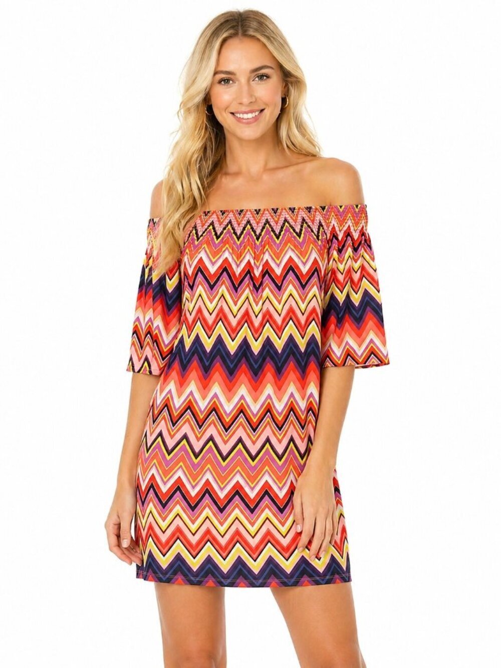 Trina Turk Off The Shoulder Chevron Print Mini Dress